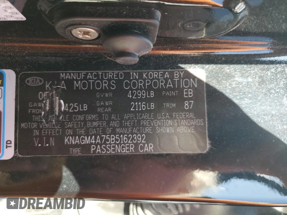 2011 Kia Optima LX with VIN KNAGM4A75B5162392, listed as a Copart auction lot 45768954 with 193,991 mi miles and Salvage Title. Bid and sale history available at carsss.com. Image 12.