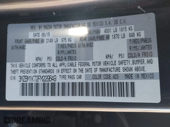 2015 Mazda 3 i Sport with VIN 3MZBM1K72FM229649, listed as a IAAI auction lot 41346541 with 155,940 mi miles and . Bid and sale history available at DreamBid. Image 9.