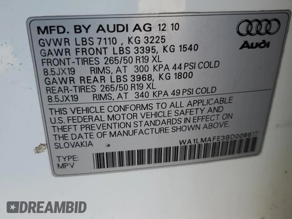 2011 Audi Q7 3.0L TDI Premium Plus with VIN WA1LMAFE3BD006617, listed as a Copart auction lot 81766604 with 0 mi miles and Clean Title. Bid and sale history available at carsss.com. Image 13.