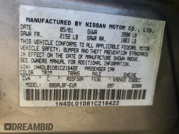 2001 Nissan Altima GXE with VIN 1N4DL01D81C216422, listed as a Copart auction lot 80110604 with 229,248 mi miles and Salvage Title. Bid and sale history available at carsss.com. Image 12.