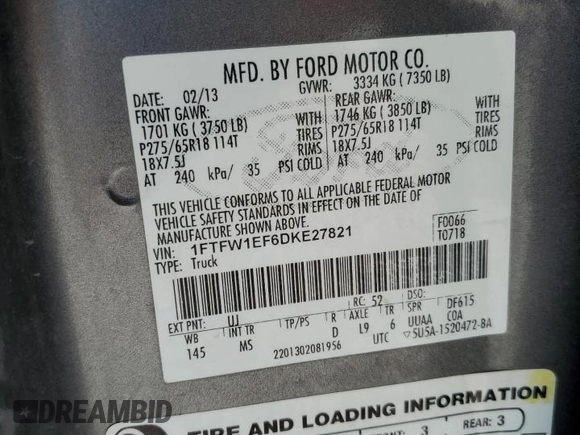 2013 Ford F-150 XL with VIN 1FTFW1EF6DKE27821, listed as a Copart auction lot 53462845 with 247,979 mi miles and Salvage title. Bid and sale history available at DreamBid. Image 16.