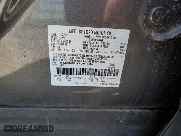 2023 Ford Explorer z VIN 1FMSK8BHXPGA17857, wystawiony jako Copart lot #57855635 z przebiegiem 74 951 mil mil oraz Nie do naprawy • Non repairable. Historia ofert i sprzedaży dostępna na DreamBid. Obrazek 12.