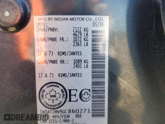 2016 Nissan Rogue SV z VIN 5N1AT2MV9GC860271, wystawiony jako Copart lot #55862815 z przebiegiem 263 687 mil mil oraz Szkoda całkowita • Salvage title. Historia ofert i sprzedaży dostępna na DreamBid. Obrazek 13.