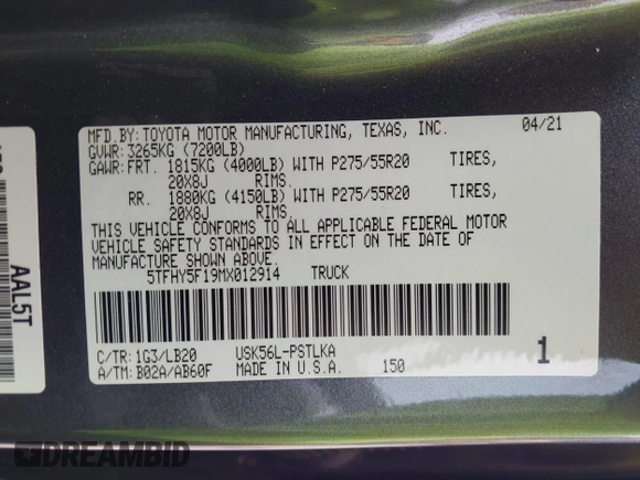 2021 Toyota Tundra Limited with VIN 5TFHY5F19MX012914, listed as a IAAI auction lot 41916076 with 109,165 mi miles and . Bid and sale history available at DreamBid. Image 9.