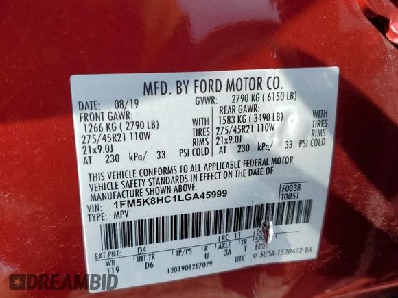 2020 Ford Explorer Platinum z VIN 1FM5K8HC1LGA45999, wystawiony jako Copart lot #46118575 z przebiegiem Nie podano mil oraz Szkoda całkowita • Salvage title. Historia ofert i sprzedaży dostępna na DreamBid. Obrazek 13.