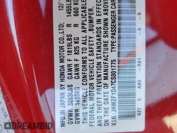 2012 Honda CR-Z with VIN JHMZF1D47CS001775, listed as a Copart auction lot 80882164 with 134,946 mi miles and Salvage Title. Bid and sale history available at carsss.com. Image 14.