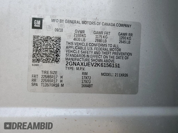 2019 Chevrolet Equinox LT with VIN 2GNAXUEV2K6156151, listed as a Copart auction lot 50326425 with 56,598 mi miles and Salvage Title. Bid and sale history available at carsss.com. Image 15.