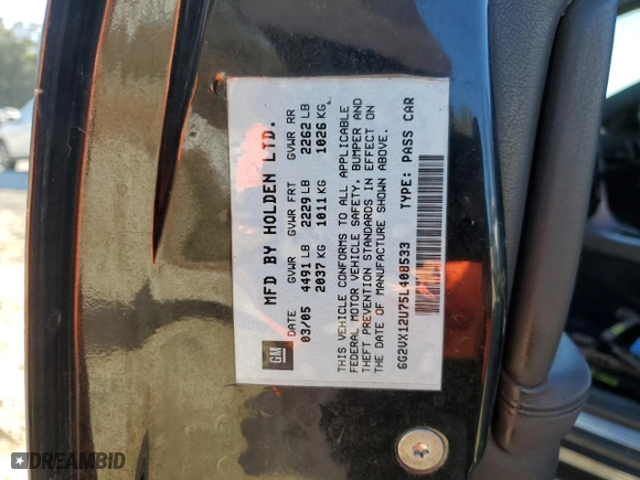 2005 Pontiac GTO with VIN 6G2VX12U75L408533, listed as a Copart auction lot 83422064 with 0 mi miles and Salvage Title. Bid and sale history available at carsss.com. Image 13.