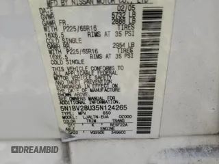 2005 Nissan Quest SL with VIN 5N1BV28U35N124265, listed as a Copart auction lot 82839954 with 0 mi miles and Salvage Title. Bid and sale history available at carsss.com. Image 12.