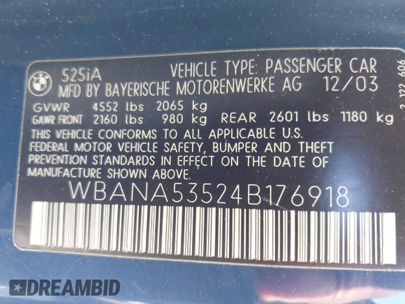 2004 BMW 5 Series 525i with VIN WBANA53524B176918, listed as a IAAI auction lot 41969210 with Not Provided miles and . Bid and sale history available at DreamBid. Image 9.