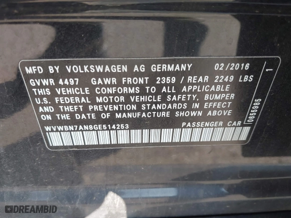 2016 Volkswagen CC Sport with VIN WVWBN7AN8GE514253, listed as a IAAI auction lot 40367576 with 83,483 mi miles. Bid and sale history available at carsss.com. Image 9.