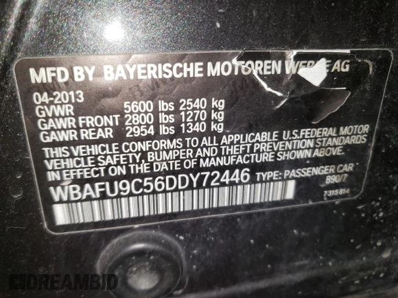 2013 BMW 5 Series 550i xDrive with VIN WBAFU9C56DDY72446, listed as a Copart auction lot 45516545 with 93,780 mi miles and Salvage Title. Bid and sale history available at carsss.com. Image 13.