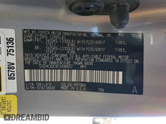 2014 Toyota Sienna XLE with VIN 5TDYK3DCXES496657, listed as a Copart auction lot 60498015 with 178,486 mi miles and Salvage title. Bid and sale history available at DreamBid. Image 13.