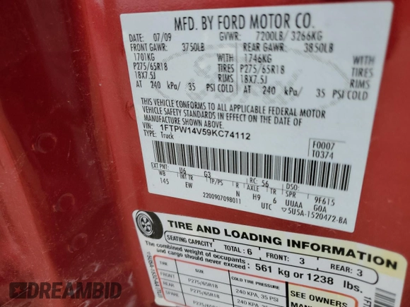 2009 Ford F-150 XL with VIN 1FTPW14V59KC74112, listed as a Copart auction lot 63121455 with 171,637 mi miles and Salvage title. Bid and sale history available at DreamBid. Image 12.