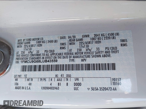 2020 Ford Escape SE with VIN 1FMCU9G68LUB43559, listed as a IAAI auction lot 42209105 with 139,361 mi miles and . Bid and sale history available at DreamBid. Image 9.