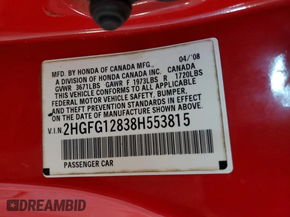 2008 Honda Civic Cpe EX with VIN 2HGFG12838H553815, listed as a Copart auction lot 55426795 with 270,121 mi miles and Clean Title. Bid and sale history available at carsss.com. Image 12.