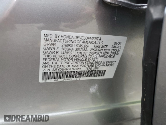 2023 Acura MDX Type S w/Advance Package with VIN 5J8YD8H84PL003381, listed as a Copart auction lot 58864114 with 27,124 mi miles and Salvage Title. Bid and sale history available at carsss.com. Image 14.