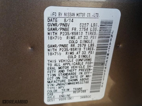 2014 Nissan Murano SL with VIN JN8AZ1MW4EW532746, listed as a Copart auction lot 57940134 with 106,164 mi miles and Salvage Title. Bid and sale history available at carsss.com. Image 15.