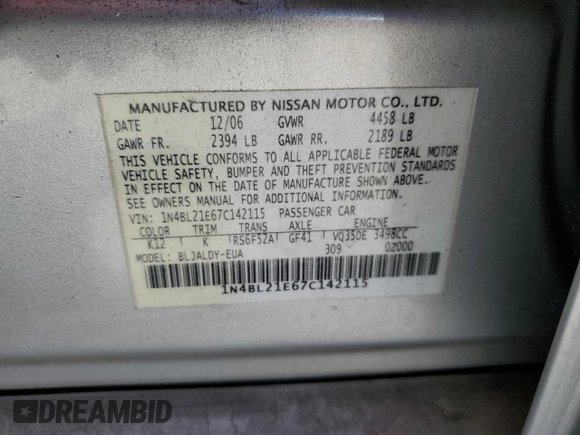 2007 Nissan Altima SL z VIN 1N4BL21E67C142115, wystawiony jako Copart lot #52726905 z przebiegiem 88 352 mil mil oraz Szkoda całkowita • Salvage title. Historia ofert i sprzedaży dostępna na DreamBid. Obrazek 12.