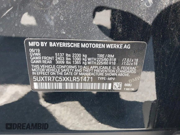 2019 BMW X3 sDrive30i with VIN 5UXTR7C5XKLR51471, listed as a IAAI auction lot 41718818 with 52,670 mi miles. Bid and sale history available at carsss.com. Image 9.