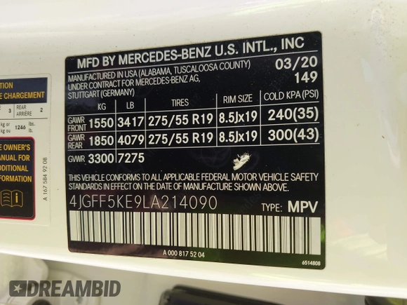 2020 Mercedes-Benz GLS 450 with VIN 4JGFF5KE9LA214090, listed as a IAAI auction lot 42487916 with 83,584 mi miles and . Bid and sale history available at DreamBid. Image 9.