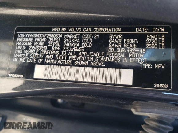 2015 Volvo XC60 T5 Drive-E Premier Plus with VIN YV440MDC4F2580604, listed as a Copart auction lot 73944294 with 167,173 mi miles and Salvage Title. Bid and sale history available at carsss.com. Image 13.