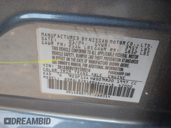 2024 Nissan Sentra S with VIN 3N1AB8BV7RY288014, listed as a IAAI auction lot 42368912 with 55,773 mi miles and . Bid and sale history available at DreamBid. Image 9.