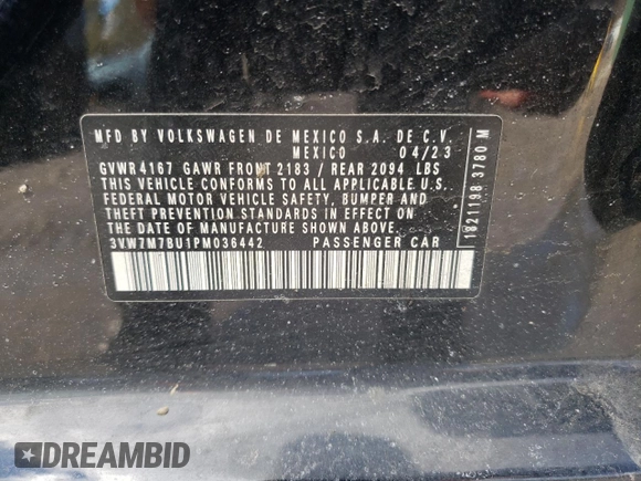 2023 Volkswagen Jetta SE with VIN 3VW7M7BU1PM036442, listed as a Copart auction lot 46730935 with 17,385 mi miles and Salvage title. Bid and sale history available at DreamBid. Image 12.