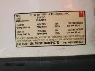 2013 Tesla Model S with VIN 5YJSA1AG9DFP13722, listed as a Copart auction lot 55988075 with 155,575 mi miles and Salvage Title. Bid and sale history available at DreamBid. Image 13.