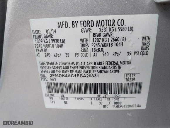 2014 Ford Edge Limited with VIN 2FMDK4KC1EBA26831, listed as a IAAI auction lot 41802099 with 131,843 mi miles. Bid and sale history available at carsss.com. Image 9.