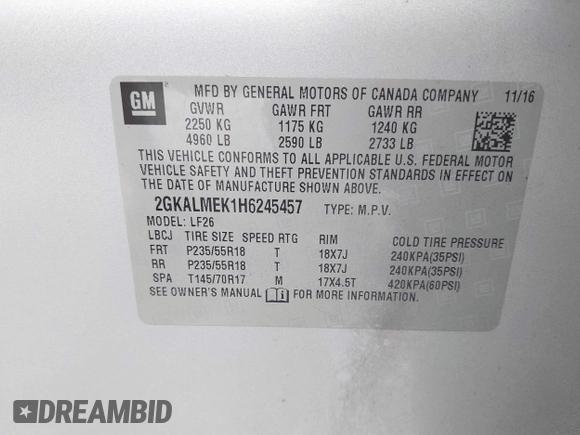 2017 GMC Terrain SLE with VIN 2GKALMEK1H6245457, listed as a IAAI auction lot 39756575 with 108,717 mi miles. Bid and sale history available at carsss.com. Image 9.