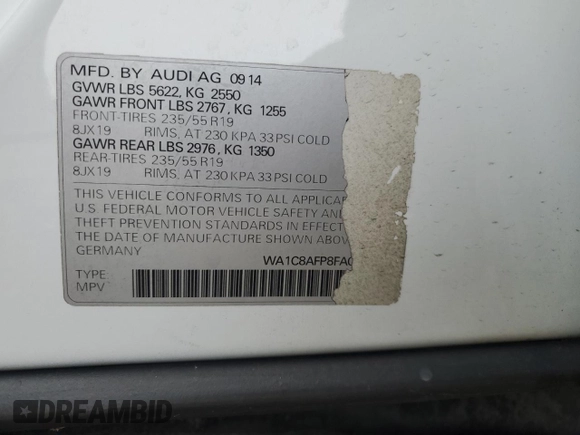 2015 Audi Q5 Hybrid Prestige with VIN WA1C8AFP8FA047645, listed as a Copart auction lot 84604594 with 92,723 mi miles and Salvage title. Bid and sale history available at DreamBid. Image 13.
