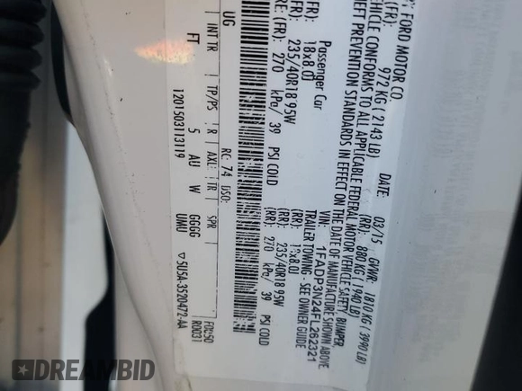 2015 Ford Focus Titanium z VIN 1FADP3N24FL262321, wystawiony jako Copart lot #59635525 z przebiegiem Nie podano mil oraz Szkoda całkowita • Salvage title. Historia ofert i sprzedaży dostępna na DreamBid. Obrazek 14.