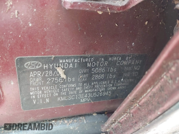 2003 Hyundai Santa Fe GLS with VIN KM8SC13E43U526945, listed as a IAAI auction lot 41847683 with 180,986 mi miles. Bid and sale history available at carsss.com. Image 9.