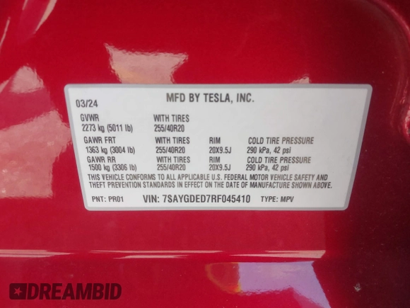 2024 Tesla Model Y с VIN 7SAYGDED7RF045410, выставлен на аукционе IAAI как лот 42000700 с пробегом 13 021 миль миль и . История ставок и продаж доступна на DreamBid. Изображение 9.
