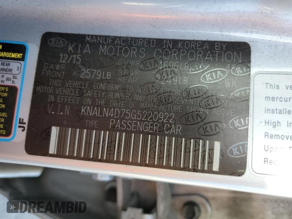 2016 Kia Cadenza Premium with VIN KNALN4D75G5220922, listed as a Copart auction lot 75890434 with 97,541 mi miles and Salvage Title. Bid and sale history available at carsss.com. Image 12.