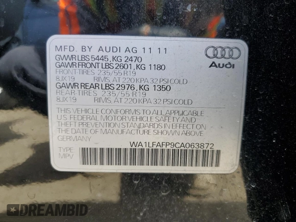 2012 Audi Q5 Premium Plus with VIN WA1LFAFP9CA063872, listed as a Copart auction lot 53350205 with 172,148 mi miles and Salvage title. Bid and sale history available at DreamBid. Image 13.