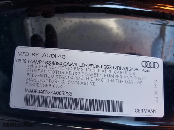 2019 Audi S5 Coupe Premium Plus with VIN WAUP4AF52KA063235, listed as a Copart auction lot 43152885 with 44,502 mi miles and Clean Title. Bid and sale history available at carsss.com. Image 12.