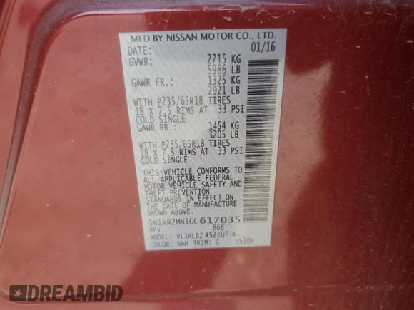 2016 Nissan Pathfinder S with VIN 5N1AR2MN1GC617035, listed as a Copart auction lot 56905365 with 162,939 mi miles and Clean title. Bid and sale history available at DreamBid. Image 14.