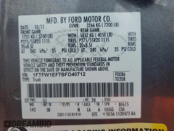 2011 Ford F-150 XL z VIN 1FTFW1EF7BFD40712, wystawiony jako Copart lot #60809695 z przebiegiem 210 076 mil mil oraz Szkoda całkowita • Salvage title. Historia ofert i sprzedaży dostępna na DreamBid. Obrazek 12.