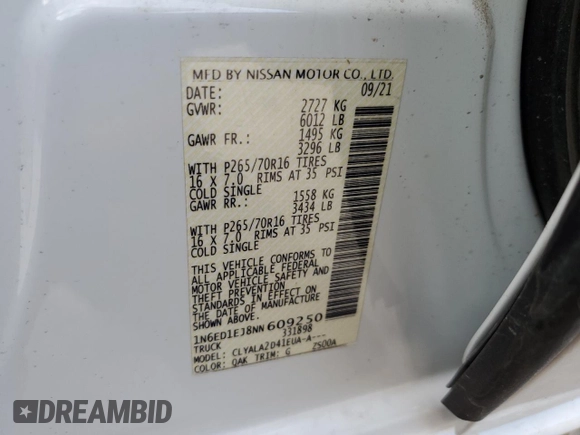 2022 Nissan Frontier Pro-X with VIN 1N6ED1EJ8NN609250, listed as a Copart auction lot 45969325 with 26,809 mi miles and Salvage title. Bid and sale history available at DreamBid. Image 12.