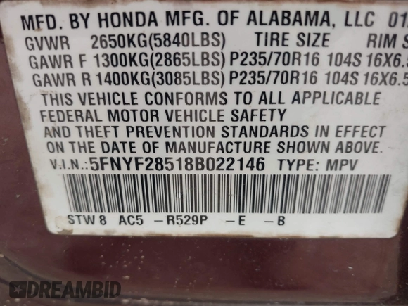 2008 Honda Pilot EX-L with VIN 5FNYF28518B022146, listed as a IAAI auction lot 42167326 with 201,324 mi miles and . Bid and sale history available at DreamBid. Image 9.