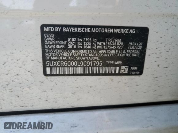 2020 BMW X5 xDrive40i with VIN 5UXCR6C00L9C91795, listed as a Copart auction lot 46489845 with Not Provided miles and Salvage Title. Bid and sale history available at carsss.com. Image 15.