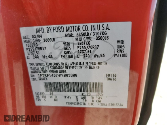 2004 Ford F-150 XL with VIN 1FTRF14574NB83388, listed as a Copart auction lot 58008245 with 173,667 mi miles and Clean title. Bid and sale history available at DreamBid. Image 12.