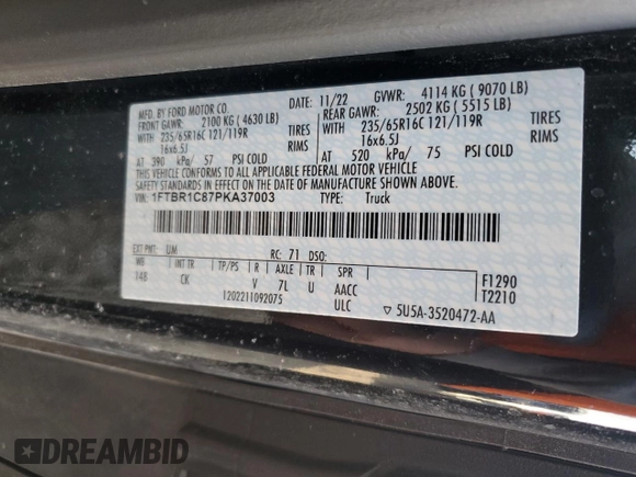 2023 Ford Transit Cargo with VIN 1FTBR1C87PKA37003, listed as a Copart auction lot 78436043 with 24,641 mi miles and . Bid and sale history available at DreamBid. Image 14.