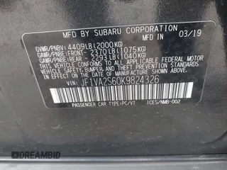 2019 Subaru WRX STI with VIN JF1VA2S60K9824326, listed as a IAAI auction lot 42017106 with 40,819 mi miles and . Bid and sale history available at DreamBid. Image 9.