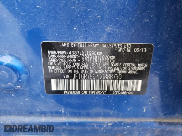2013 Subaru WRX WRX with VIN JF1GR7E67DG888730, listed as a Copart auction lot 78244294 with 82,452 mi miles and Salvage title. Bid and sale history available at DreamBid. Image 14.