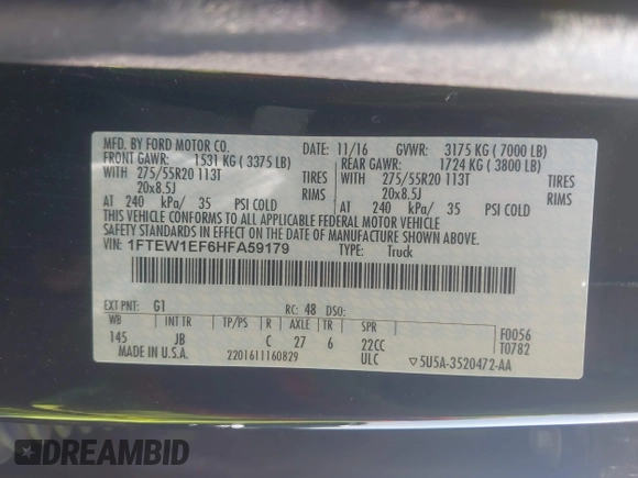2017 Ford F-150 XL with VIN 1FTEW1EF6HFA59179, listed as a IAAI auction lot 42424917 with 103,437 mi miles and . Bid and sale history available at DreamBid. Image 9.