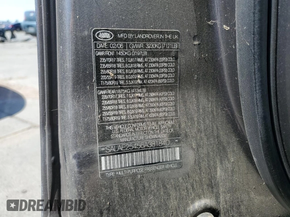 2006 Land Rover LR3 SE with VIN SALAE25456A381840, listed as a Copart auction lot 52059985 with 151,685 mi miles and Clean title. Bid and sale history available at DreamBid. Image 13.