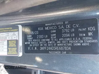 2024 Kia Forte LXS with VIN 3KPF24AD5RE687834, listed as a IAAI auction lot 41586514 with 7,623 mi miles. Bid and sale history available at carsss.com. Image 9.